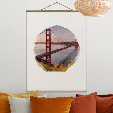 Tableau en tissu avec porte-affiche - WaterColours - Golden Gate Bridge In San Francisco