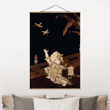 Tableau en tissu avec porte-affiche - Boy chasing two Dragonflies on a Veranda