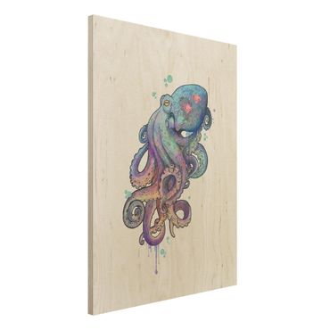 Impression sur bois - Illustration Octopus Violet Turquoise Painting