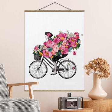 Tableau en tissu avec porte-affiche - Illustration Woman On Bicycle Collage Colourful Flowers