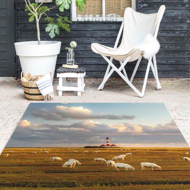 Vinyl Floor Mat - North Sea Lighthouse With Flock Of Sheep - Square Format 1:1