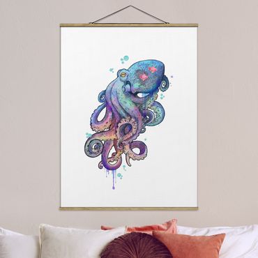 Tableau en tissu avec porte-affiche - Illustration Octopus Violet Turquoise Painting