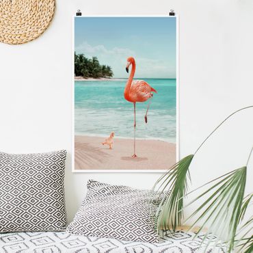 Poster animaux - Beach With Flamingo