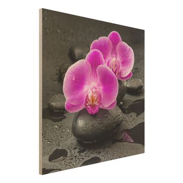 Impression sur bois - Pink Orchid Flower On Stones With Drops
