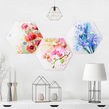 Hexagone en alu Dibond - Watercolour Flower Trio