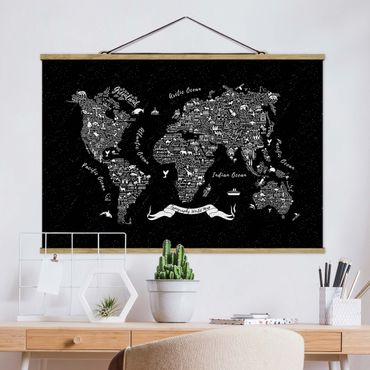 Tableau en tissu avec porte-affiche - Typography World Map Black
