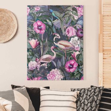Impression sur toile - Colourful Collage - Pink Flamingos In The Jungle