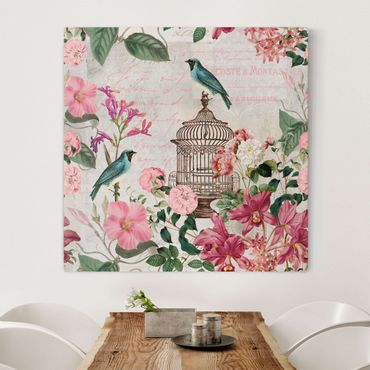 Impression sur toile - Shabby Chic Collage - Pink Flowers And Blue Birds