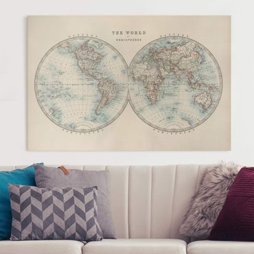Impression sur toile - Vintage World Map The Two Hemispheres