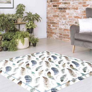 Vinyl Floor Mat - Boho Watercolour Feathers In Earthy Colours With Frame - Square Format 1:1