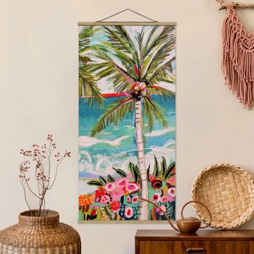 Tableau en tissu avec porte-affiche - Palm Tree With Pink Flowers II