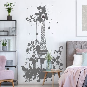 Sticker mural horloge - Eiffel Tower with tendrils design