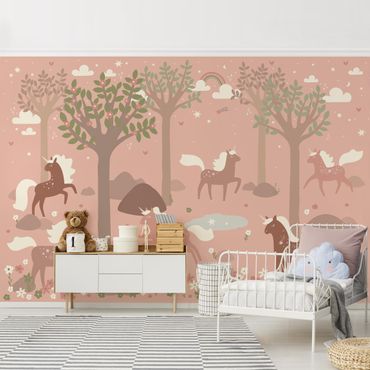 Papier peint - Licornes dans la forêt rose
