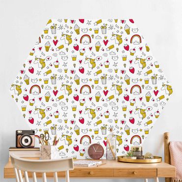 Papier peint hexagonal autocollant avec dessins - Unicorns And Sweets In Yellow And Red