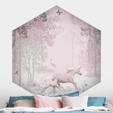 Papier peint panoramique hexagonal autocollant - Unicorn On Flowering Meadow In Pink