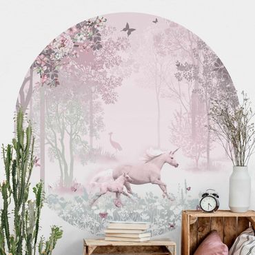 Papier peint rond autocollant - Unicorn On Flowering Meadow In Pink