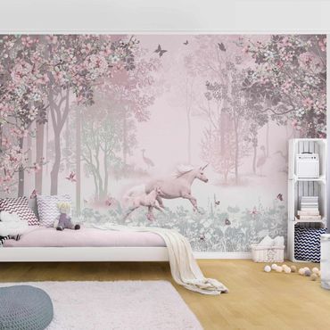 Papier peint - Unicorn On Flowering Meadow In Pink