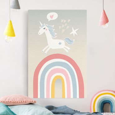 Tableau sur toile naturel - Unicorn With Rainbow In Pastel - Format portrait 2:3