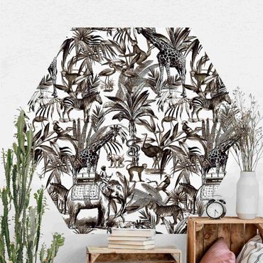 Papier peint hexagonal autocollant avec dessins - Elephants Giraffes Zebras And Tiger Black And White With Brown Tone