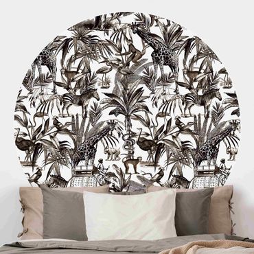 Papier peint rond autocollant - Elephants Giraffes Zebras And Tiger Black And White With Brown Tone