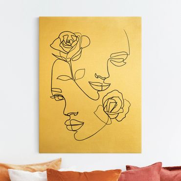 Tableau sur toile or - Line Art Faces Women Roses Black And White