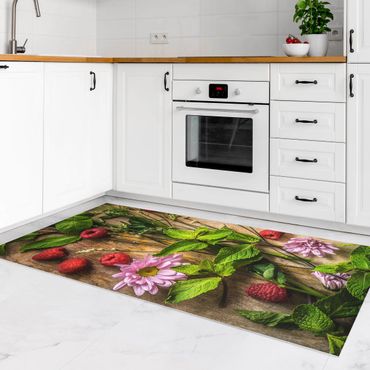 Vinyl Floor Mat - Flowers Raspberries Mint - Landscape Format 2:1