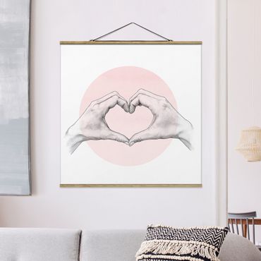 Tableau en tissu avec porte-affiche - Illustration Heart Hands Circle Pink White