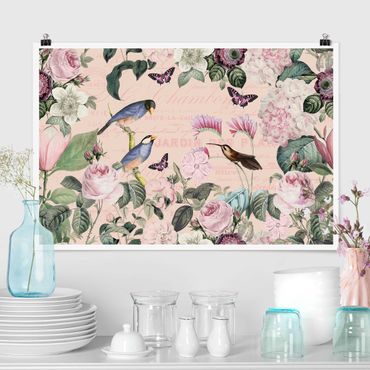 Poster - Vintage Collage - Roses And Birds
