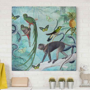Impression sur toile - Colonial Style Collage - Monkeys And Birds Of Paradise
