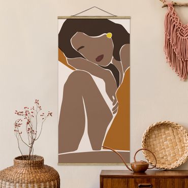 Tableau en tissu avec porte-affiche - Line Art Woman Brown Beige