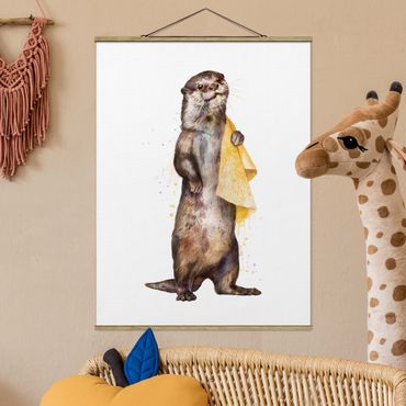 Tableau en tissu avec porte-affiche - Illustration Otter With Towel Painting White