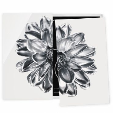 Cache plaques de cuisson en verre - Dahlia Flower Silver Metallic