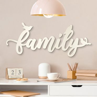 Déco murale en bois avec lettres en 3D - Family avec moineaux