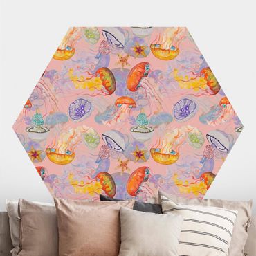 Papier peint panoramique hexagonal autocollant - Colourful Jellyfish On Pink