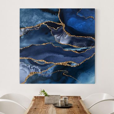 Impression sur toile - Golden Glitter Waves Blue Backdrop