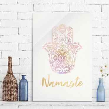 Tableau en verre - Hamsa Hand Illustration Namaste Gold Light Pink