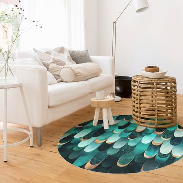 Tapis en vinyle rond|Feathers Gold Turquoise