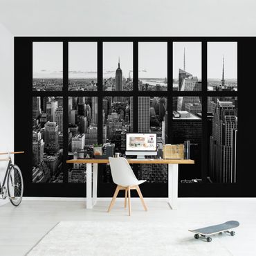Papier peint - Window Manhattan Skyline Black And White