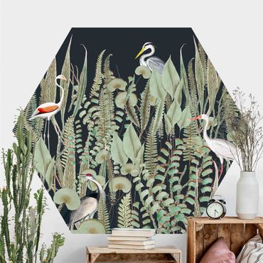 Papier peint hexagonal autocollant avec dessins - Flamingo And Stork With Plants On Green