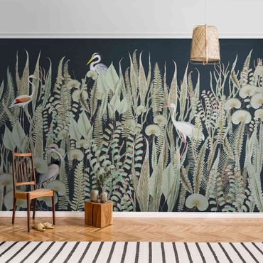 Metallic wallpaper - Flamingo And Stork With Plants On Green