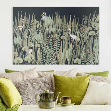 Tableau sur toile - Flamingo And Stork With Plants On Green