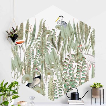 Papier peint hexagonal autocollant avec dessins - Flamingo And Stork With Plants
