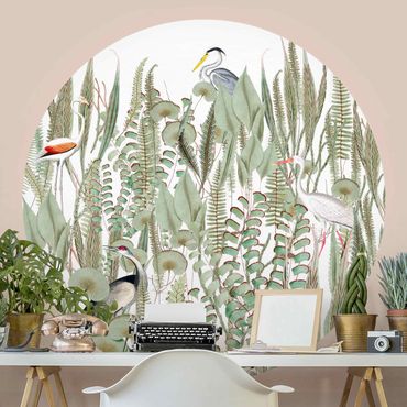 Papier peint rond autocollant - Flamingo And Stork With Plants