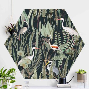 Papier peint hexagonal autocollant avec dessins - Flamingos And Storks With Plants On Green