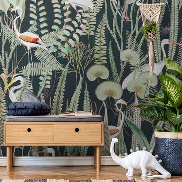 Metallic wallpaper - Flamingos And Storks With Plants On Green