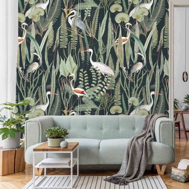 Papier peint - Flamingos And Storks With Plants On Green