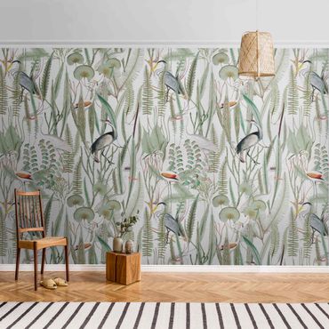 Metallic wallpaper - Flamingos And Storks With Plants