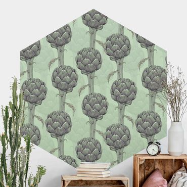 Papier peint hexagonal autocollant avec dessins - Floral Elegance Artichoke With Gradient Green XXl