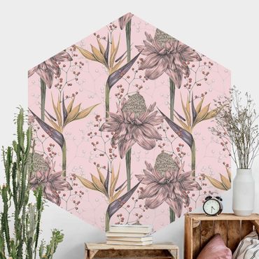 Papier peint hexagonal autocollant avec dessins - Floral Elegance Vintage Strelitzia On Pink Backdrop XXL