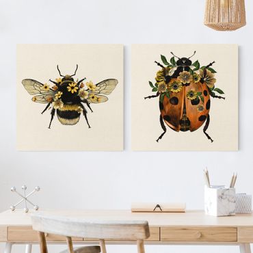 Impression sur toile - Floral Illustration - Bumblebee And Ladybug